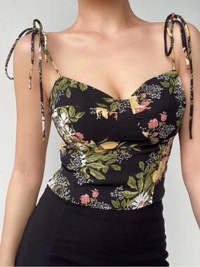 Sunday Up Black Floral Tie-Shoulder Bustier Cropped Camisole Top Size L